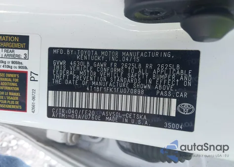 2015 Toyota Camry Se z USA, uszkodzony, nr VIN 4T1BF1FK1FU070898